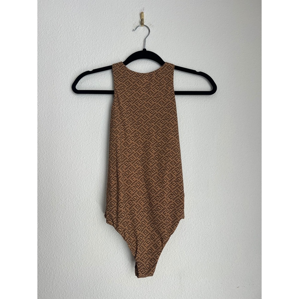 Fendi SKIMS Monogram Print‎ Sleeveless Bodysuit Taupe Brown Size S